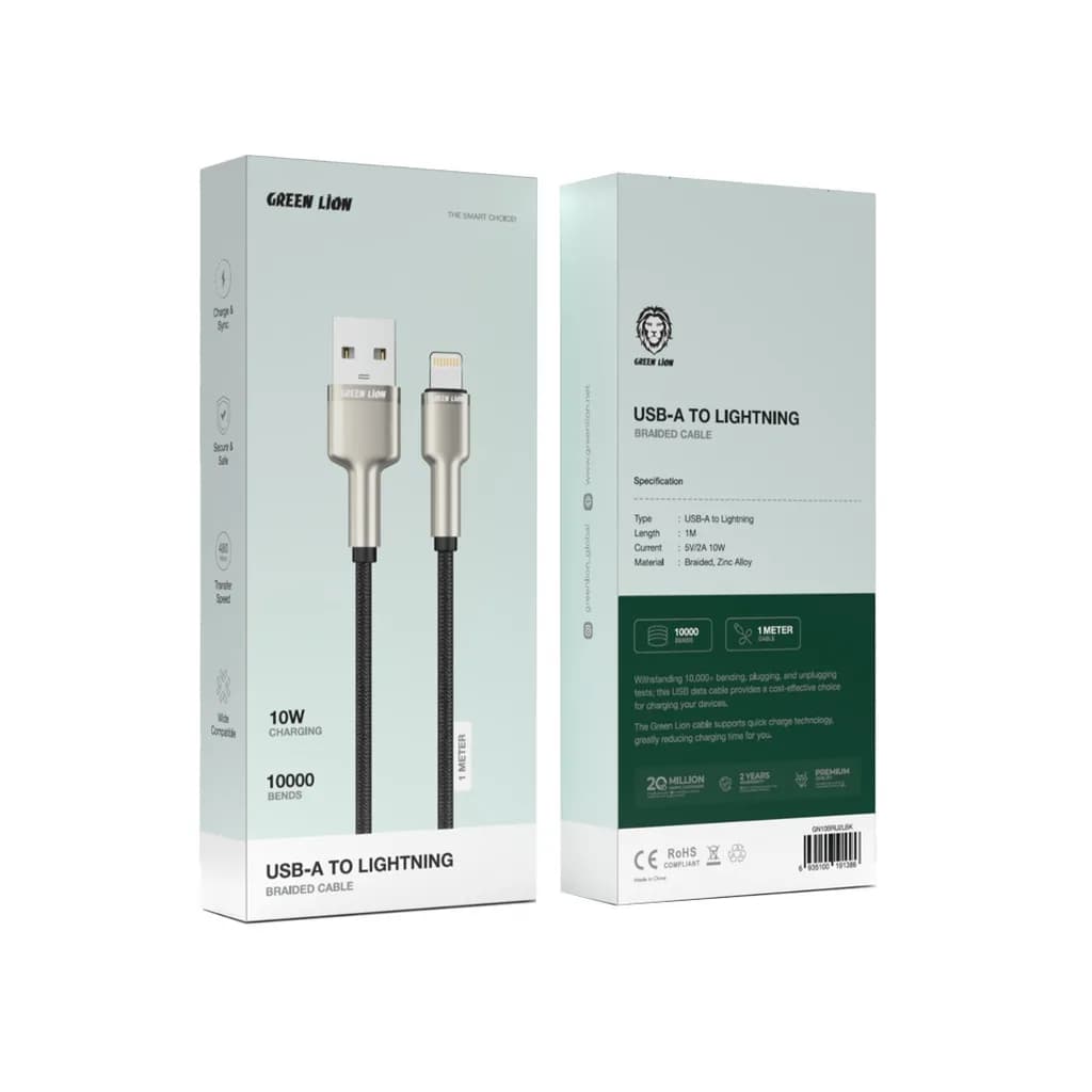 جعبه کابل Green Lion GN10BRU2LBK از دو نما؛ جدول مشخصات پشت جعبه طول ۱ متر و جریان ۵ ولت / ۲ آمپر با توان ۱۰ وات را درج کرده و پنل جلو نشان‌های ۱۰ وات و ۱۰۰۰۰ بار خم‌شدن را دارد
