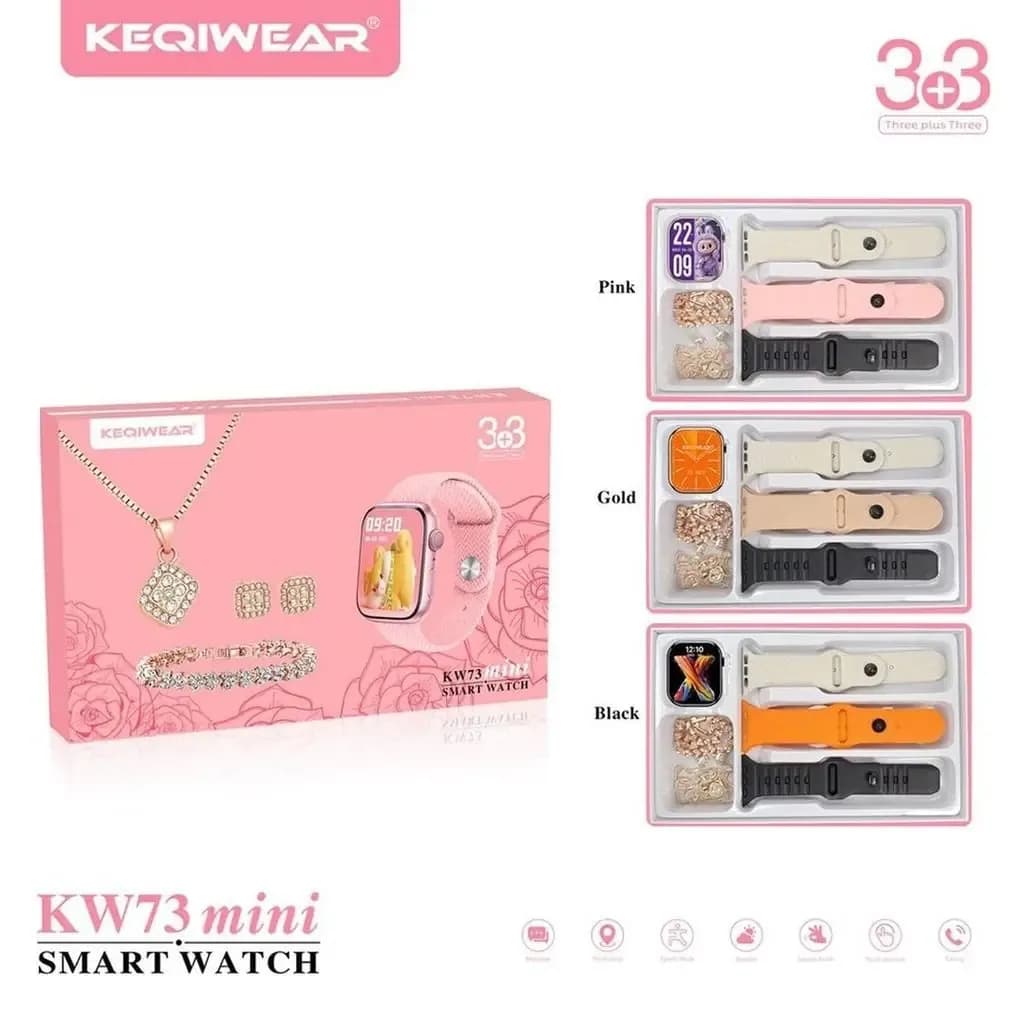 برگه معرفی رسمی KW73 mini با لوگوی KEQIWEAR و نشان ۳+۳؛ جعبه بسته در سمت چپ و سه تِرِی صورتی، طلایی و مشکی در سمت راست که هرکدام یک ساعت، سه بند و یک ست جواهرات دارند