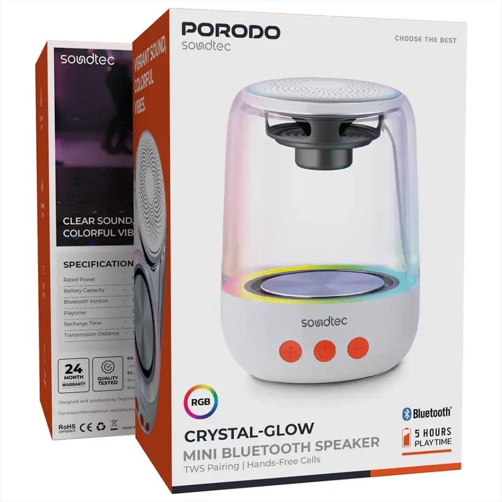 نمای جانبی و درگاه USB-C اسپیکر Porodo Crystal Glow Mini