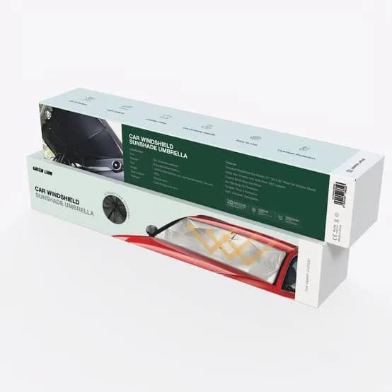 جعبه خرده‌فروشی آفتابگیر Green Lion Car Windshield Sunshade Umbrella؛ روی وجه جلو تصویر آفتابگیر نصب‌شده پشت شیشه جلوی یک خودروی قرمز و روی وجه بالا فهرست ویژگی‌ها چاپ شده است
