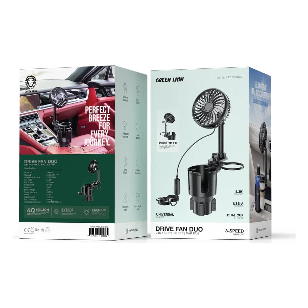 جعبه خرده‌فروشی Drive Fan Duo از دو نما؛ جدول مشخصات روی وجه پشتی با وزن ۵۹۰ گرم، ابعاد ۱۹۰×۱۸۳×۳۹۰ میلی‌متر، سه سرعت، صدای ۵۰ دسی‌بل و کد Model No. GX-85