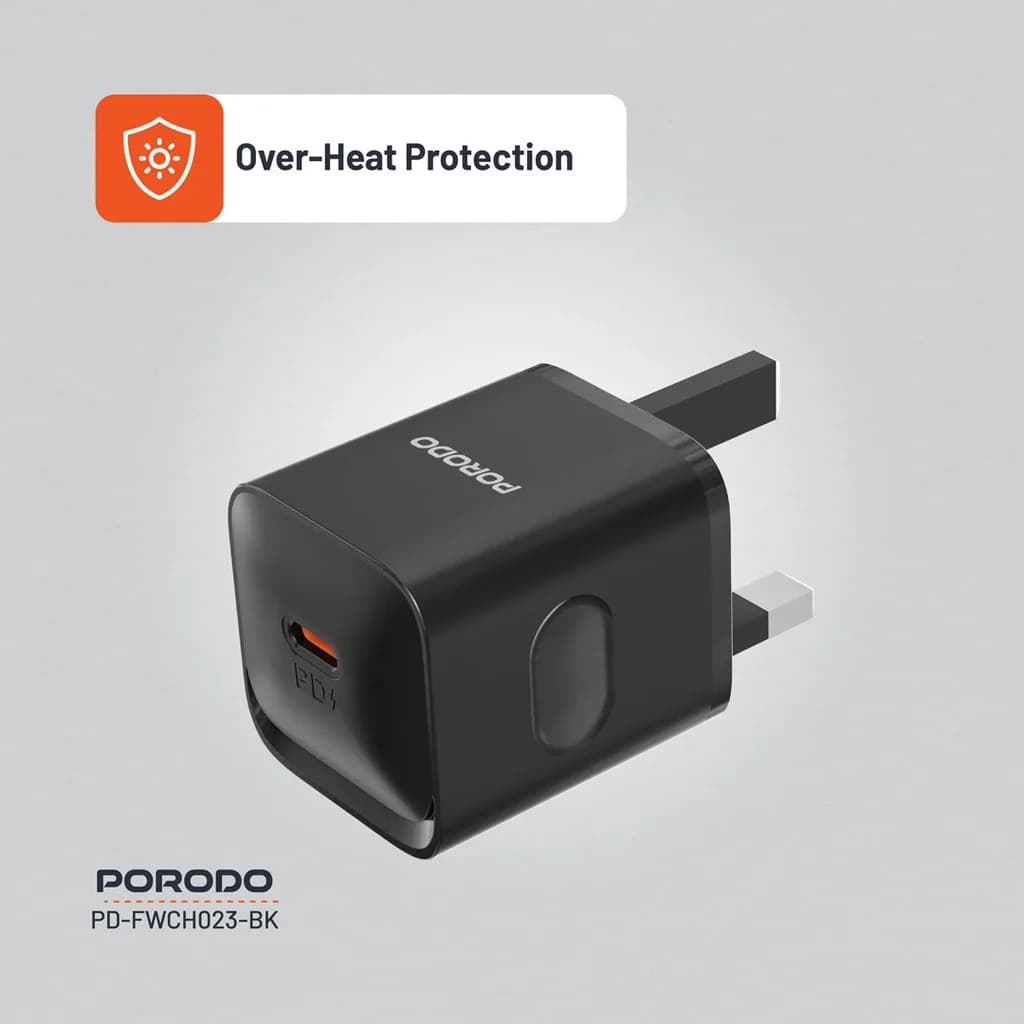 نمای سه‌بعدی شارژر مشکی پرودو با درگاه USB-C و نشان PD روی بدنه، همراه با برچسب Over-Heat Protection