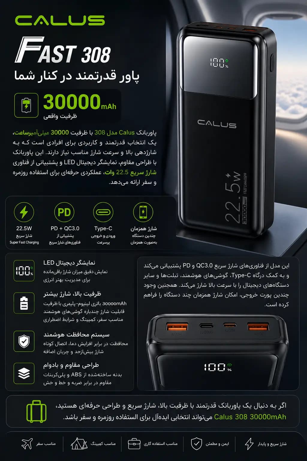 پاوربانک Calus ظرفیت 30000mAh | شارژ سریع 22.5 وات کالوس — نمای ۳