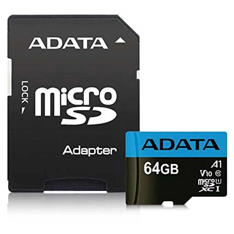 کارت microSD ای دیتا در کنار آداپتور SD مشکی با کلید LOCK، هر دو روی پس‌زمینه سفید