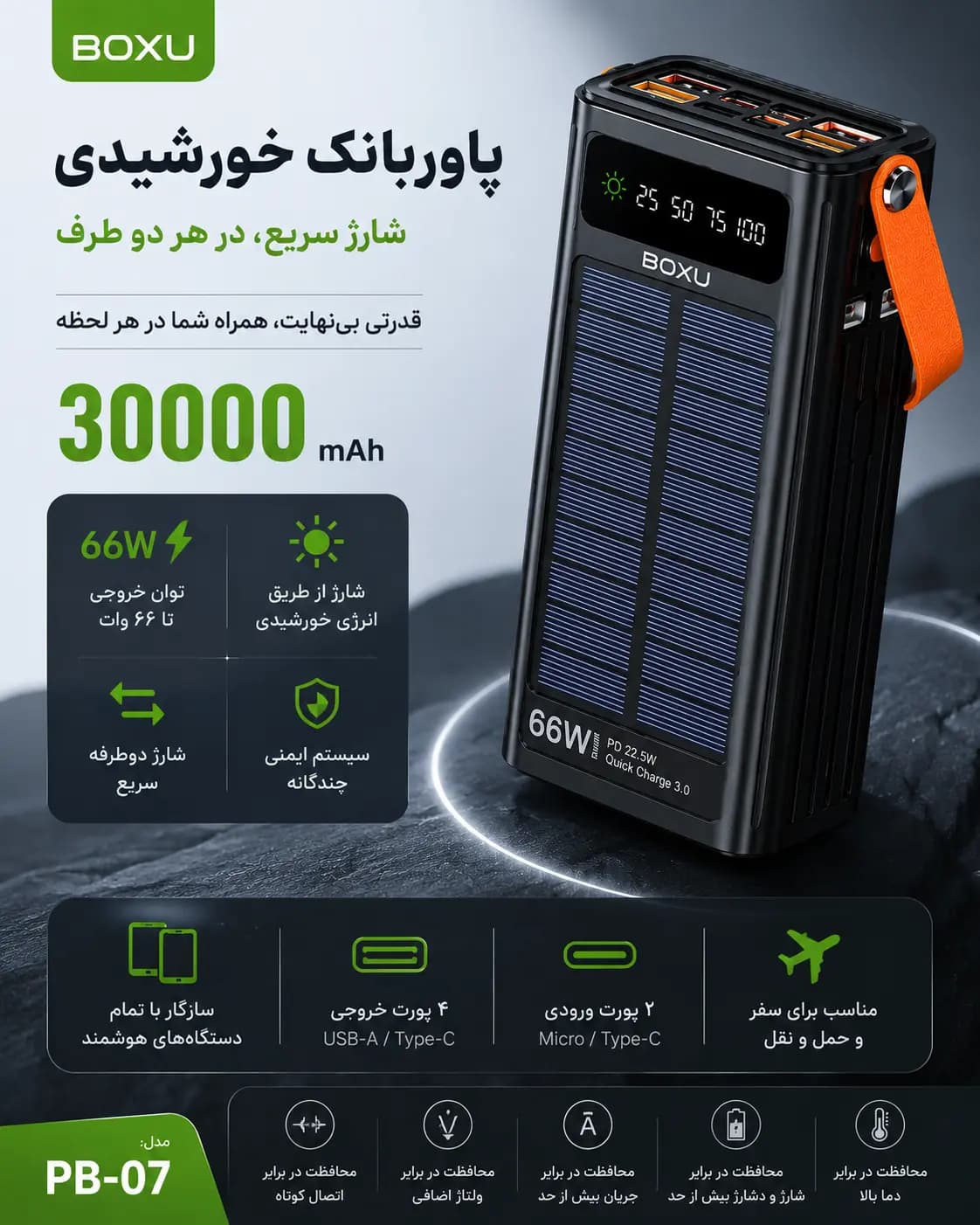 پاوربانک خورشیدی BOXU ظرفیت 30000mAh | پاوربانک 66 وات سولار بوکسو — نمای ۲