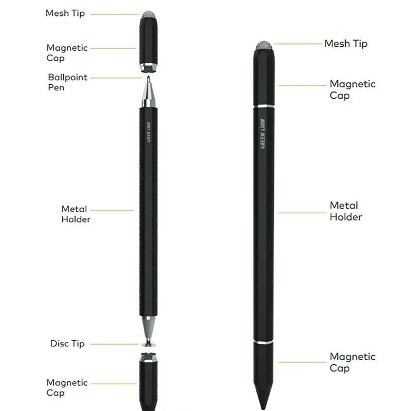 نقشه اجزای قلم GL-PEN7 با برچسب‌های انگلیسی: نوک توری، درپوش، نوک خودکار، بدنه فلزی و نوک دیسکی، در دو حالت باز و بسته