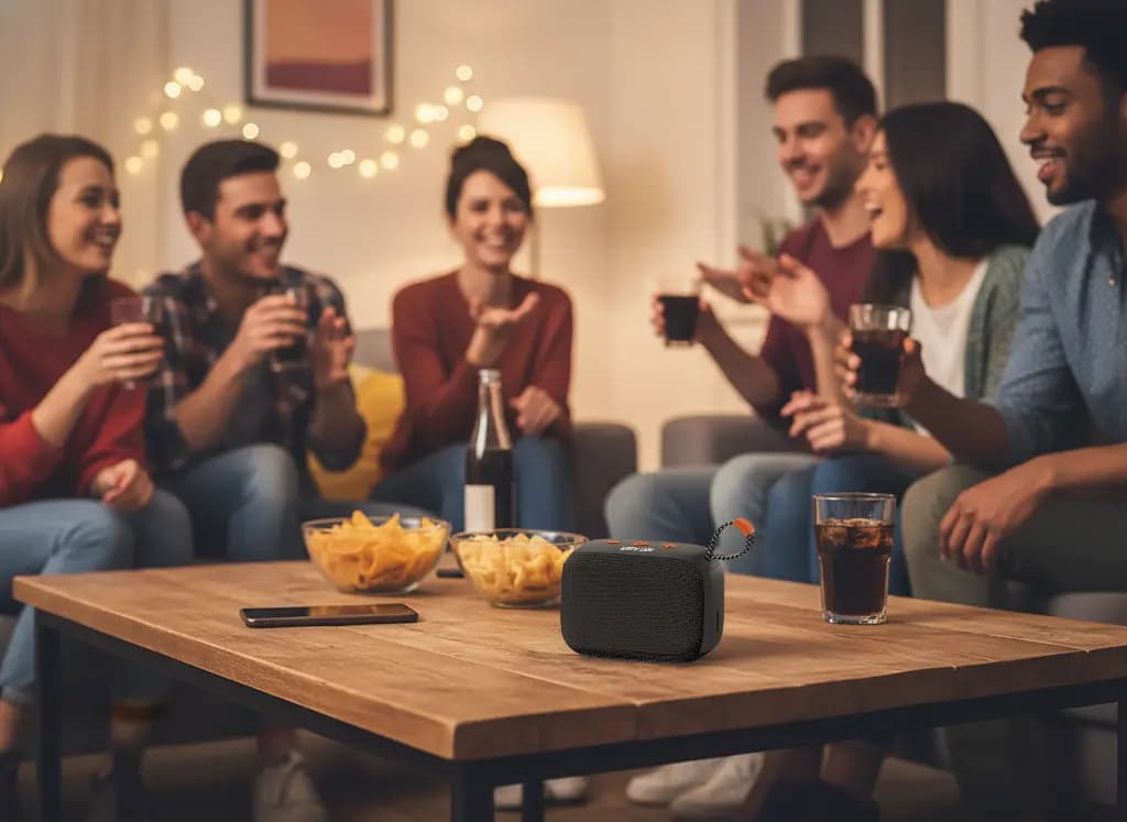 اسپیکر گرین لاین BeatBox روی میز چوبی پذیرایی کنار کاسه‌های چیپس و لیوان‌ها، در جمع دوستانی که روی مبل نشسته‌اند