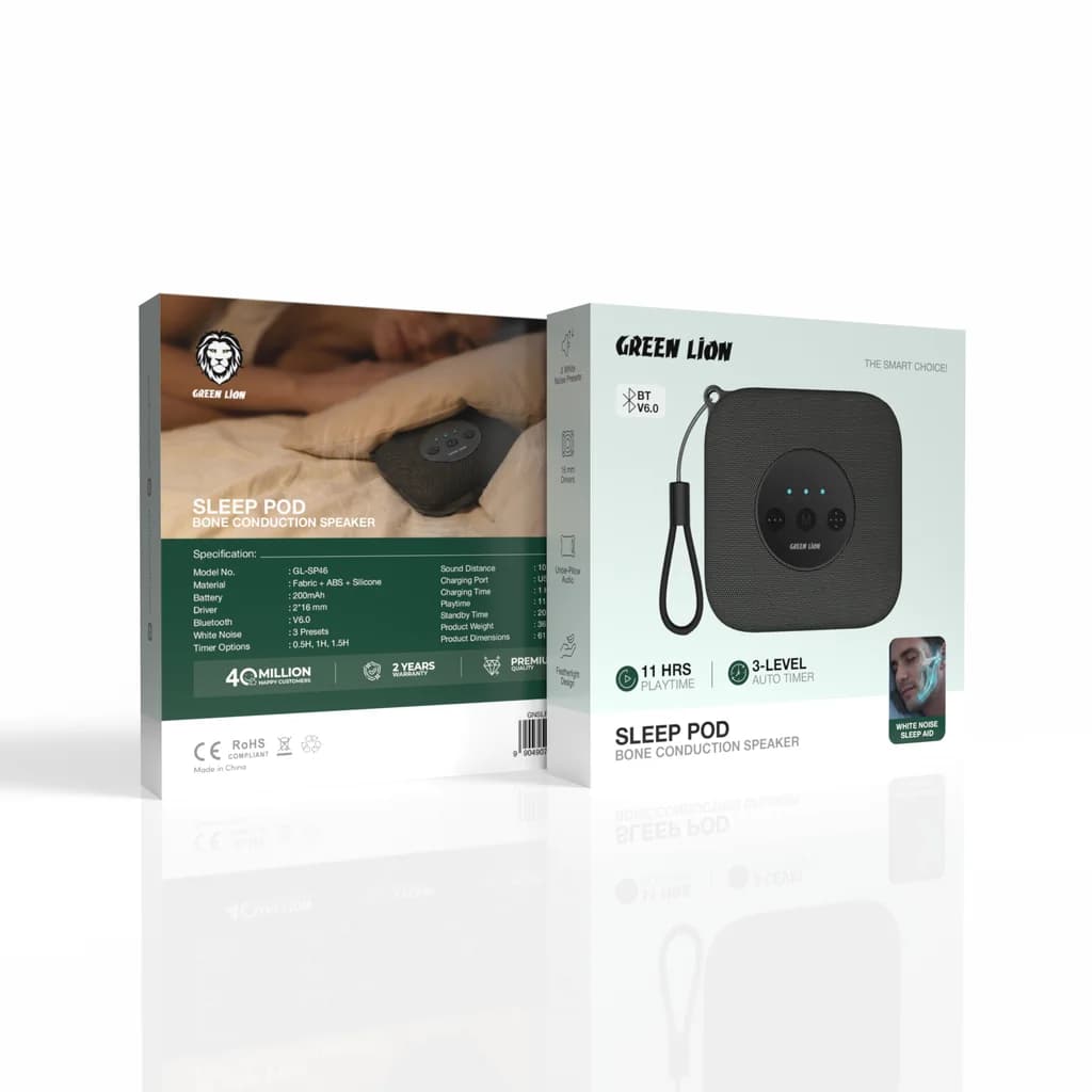 دو نما از جعبه خرده‌فروشی روی زمینه سفید؛ «GREEN LION» و «SLEEP POD / BONE CONDUCTION SPEAKER» با نشان‌های BT V6.0، ۱۱ ساعت پخش و تایمر سه‌سطحی روی جعبه، و جدول مشخصات پنل کناری با مدل GL-SP46 و باتری ۲۰۰mAh.