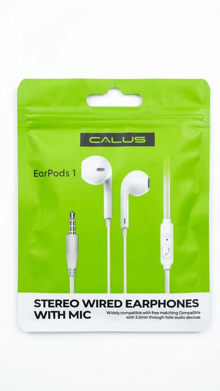بسته‌بندی زیپ‌دار سبز هندزفری CALUS EarPods 1 با تصویر گوشی‌ها و ریموت روی کابل