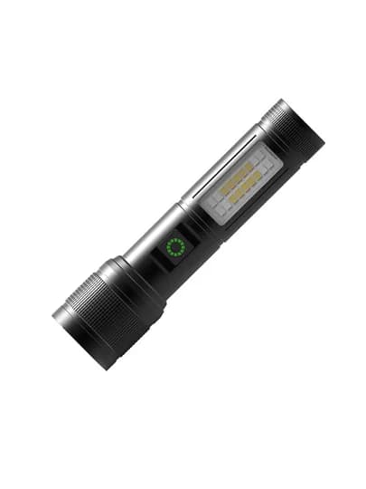 نمای جانبی چراغ قوه Zingaro KM-286 مشکی با پنل LED کناری و بدنه آجدار آلومینیومی