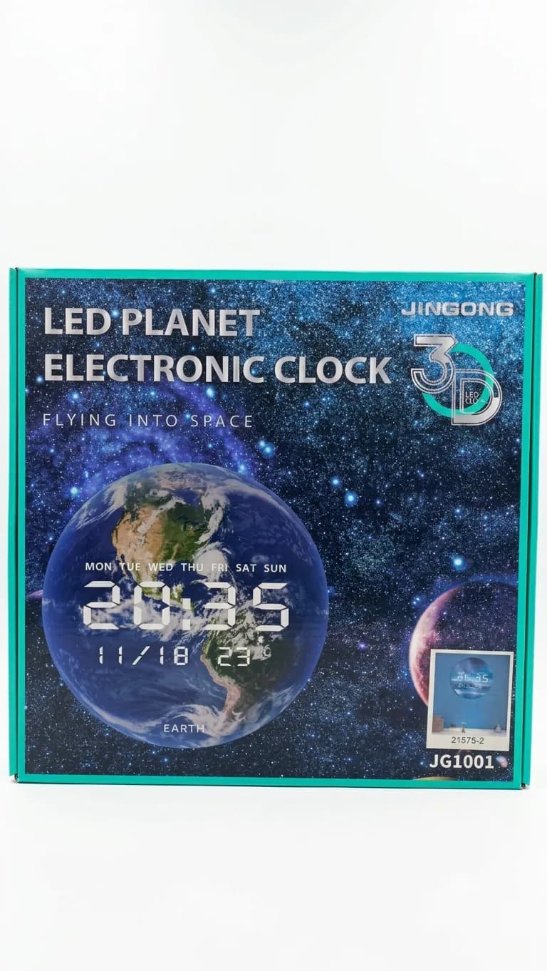 جعبه ساعت رومیزی دیجیتال LED جین‌گنگ JG1001 با طرح کره زمین و نمایش ساعت، تاریخ و دما