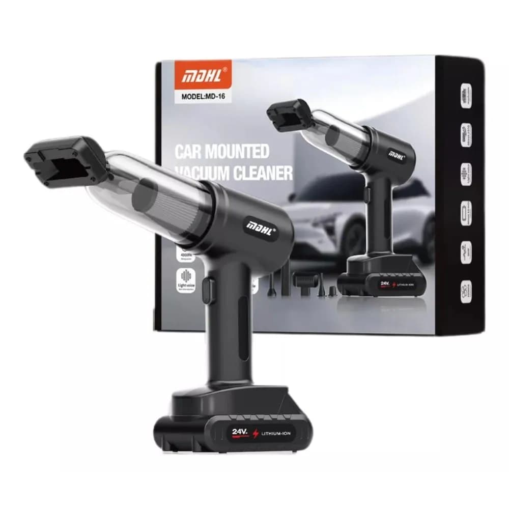 جاروبرقی شارژی MD-16 در کنار جعبه اصلی MDHL با عنوان Car Mounted Vacuum Cleaner