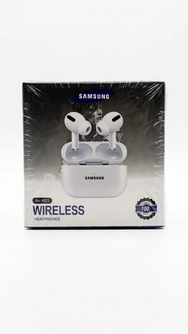 جعبه پلمب‌شده Air-R03 با لوگوی Samsung و عنوان Wireless Headphones روی بسته‌بندی