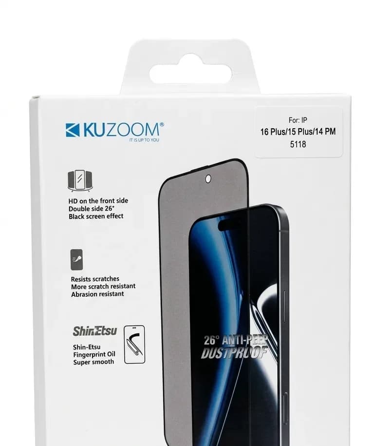جعبه گلس حریم خصوصی KUZOOM مدل 5118 با برچسب سازگاری iPhone 16 Plus، 15 Plus و 14 Pro Max و مشخصات دید ۲۶ درجه روی بسته