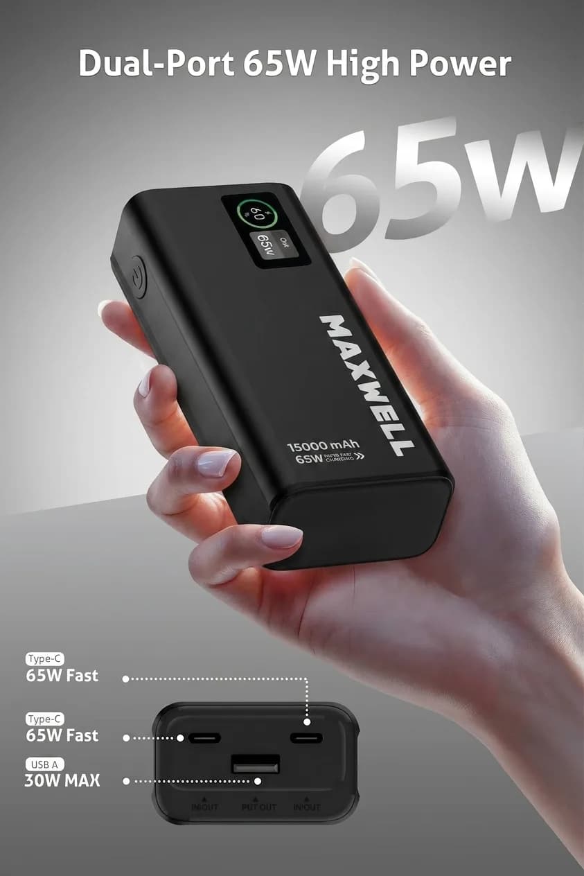 پاوربانک Max Boost در دست، همراه با راهنمای پورتهای USB-C و USB-A در پایین تصویر