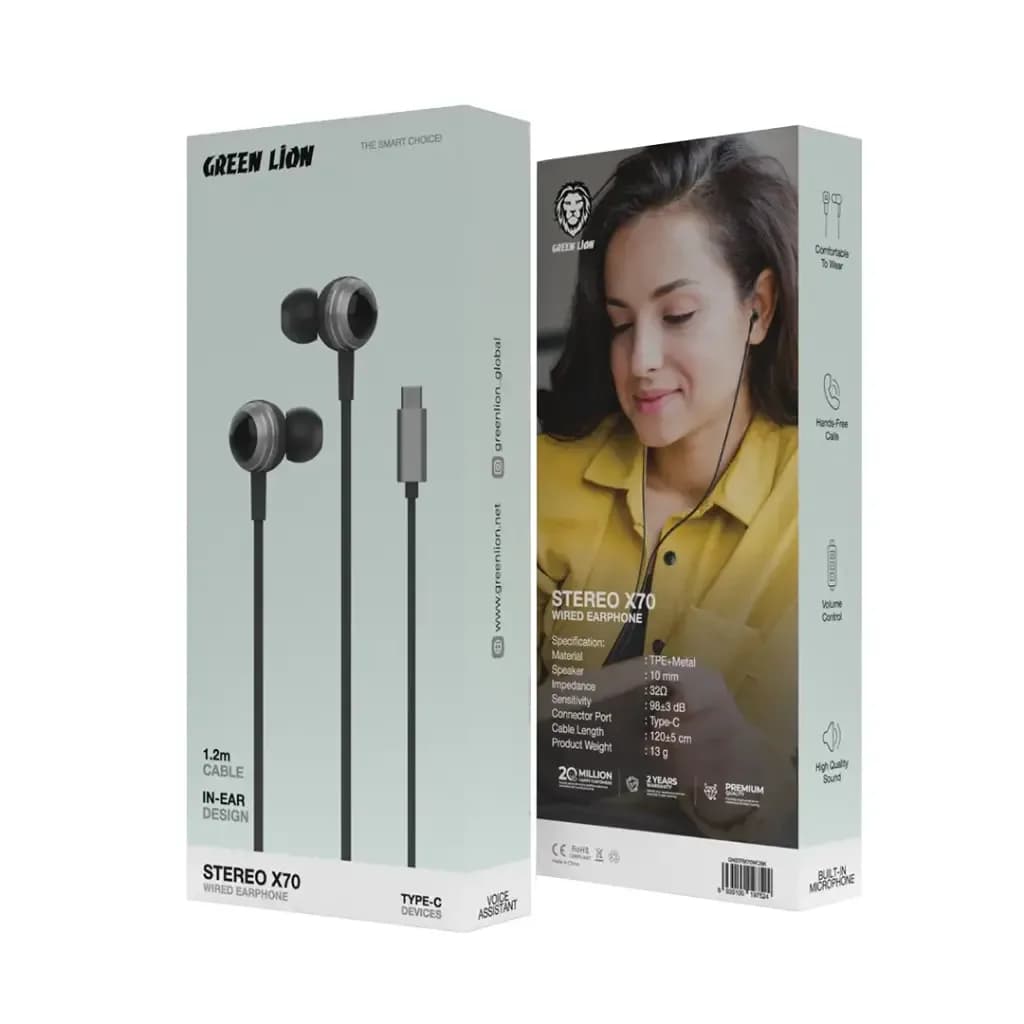 هندزفری سیمی Green Lion Stereo X70 مشکی با کانکتور Type-C