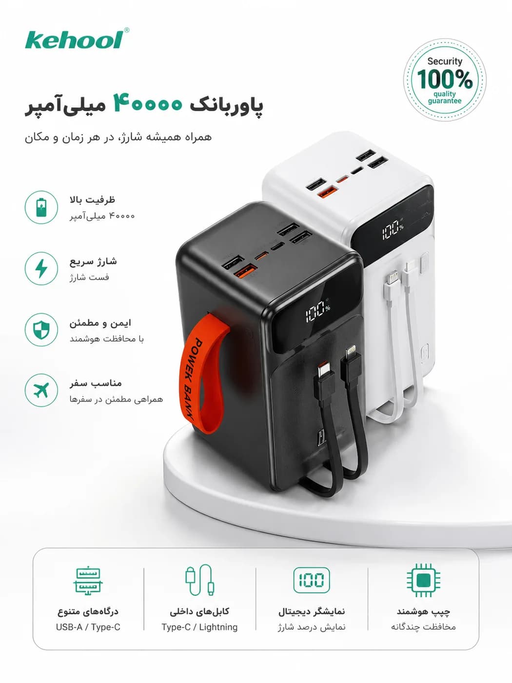 پاوربانک Kehool KH-40000 ظرفیت ۴۰۰۰۰ میلیآمپرساعت با نمایشگر LED