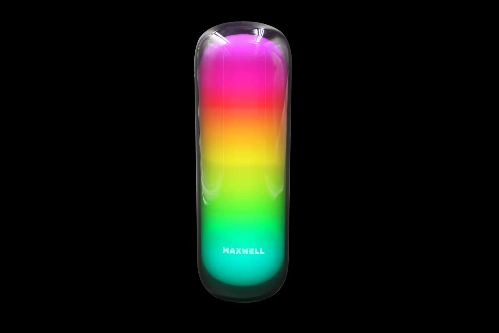نمای روبهروی اسپیکر Neon Beats با پنل نور RGB روشن در تمام ارتفاع نمای جلو و طیف رنگی از صورتی تا فیروزهای
