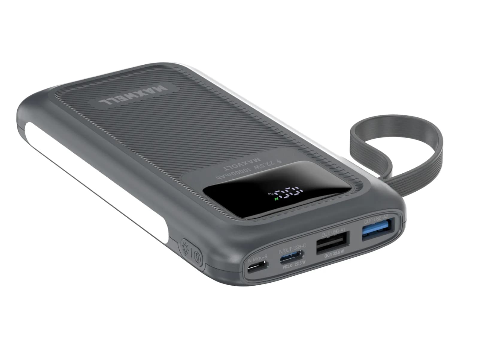 نمای لبه پورتهای پاوربانک Maxvolt WP042 شامل ورودی Micro USB، پورت USB-C دوطرفه و خروجیهای USB-A در کنار نوار چراغ LED