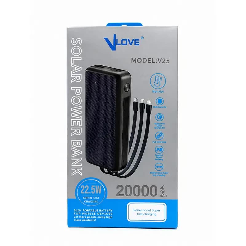 جعبه نقرهای پاوربانک سولار VLOVE مدل V25 از جلو با نوشته SOLAR POWER BANK، توان 22.5W و ظرفیت 20000mAh و تصویر کابلهای داخلی
