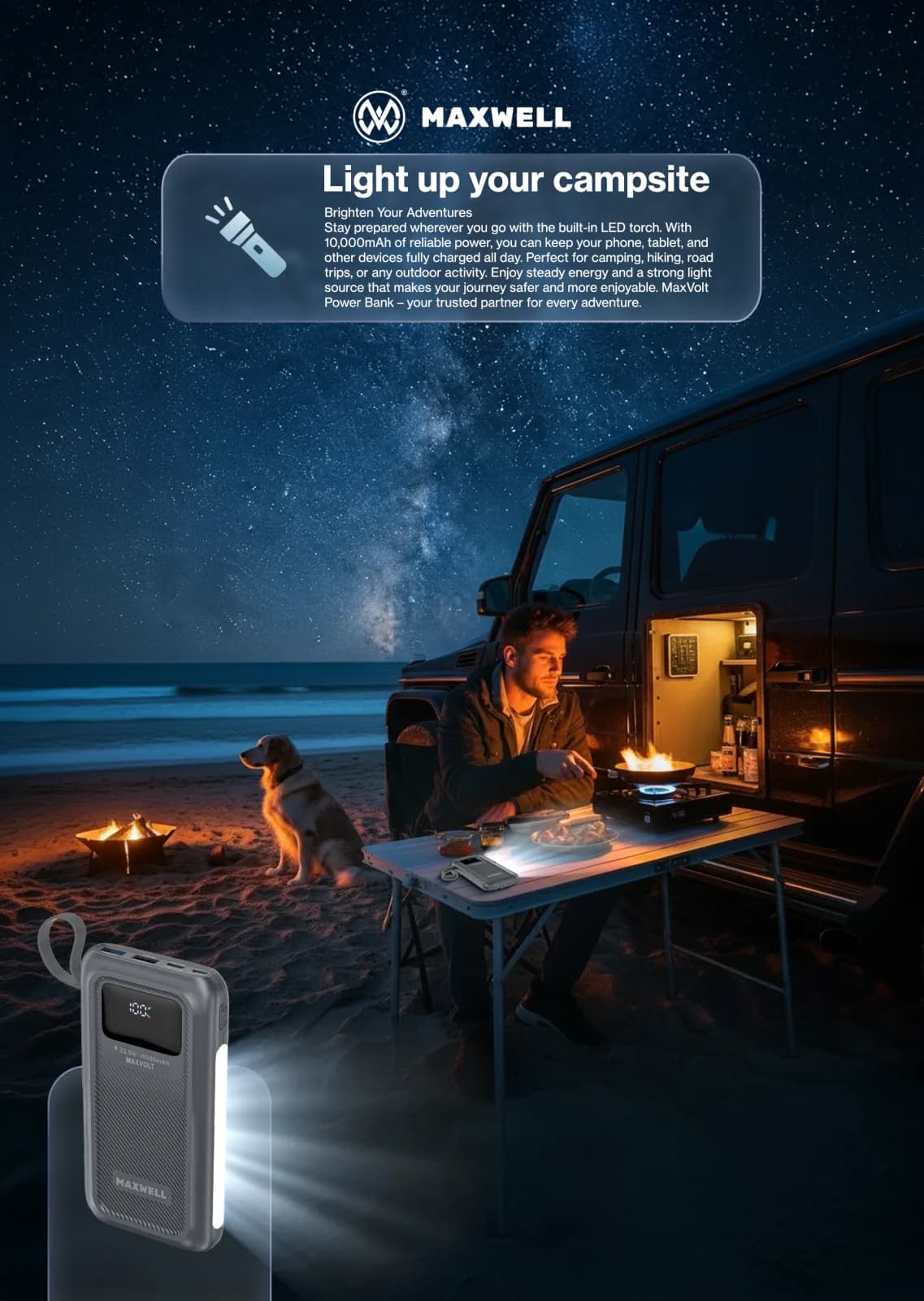 استفاده از چراغ قوه LED پاوربانک Maxvolt در شب کمپینگ کنار ساحل