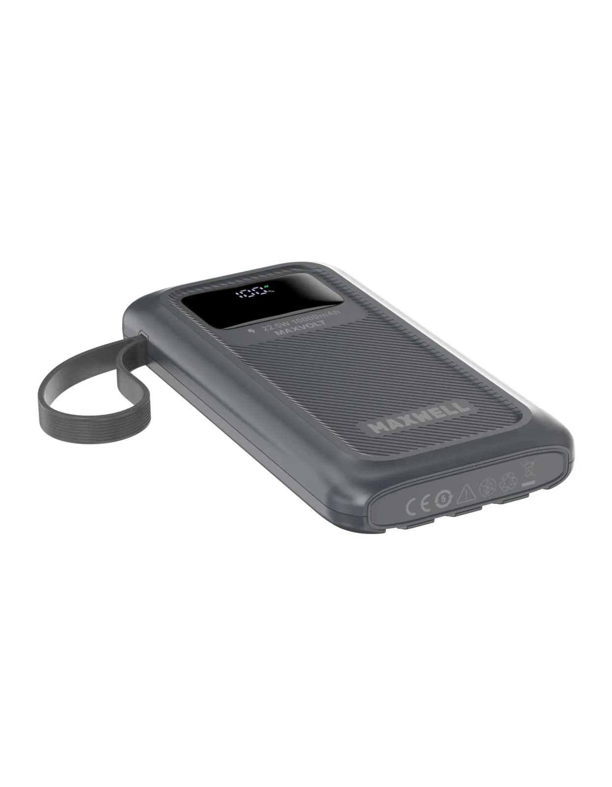 نمای بالای پاوربانک Maxvolt WP042 با لوگوی MAXWELL، دستگیره سیلیکونی و نمایشگر درصد شارژ