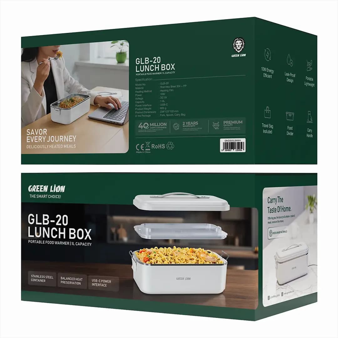 دو وجه جعبه لانچ باکس GLB-20 گرین لاین به رنگ سبز تیره با عکس ظرف بازشده، عنوان Portable Food Warmer و ظرفیت ۱ لیتر و جدول مشخصات