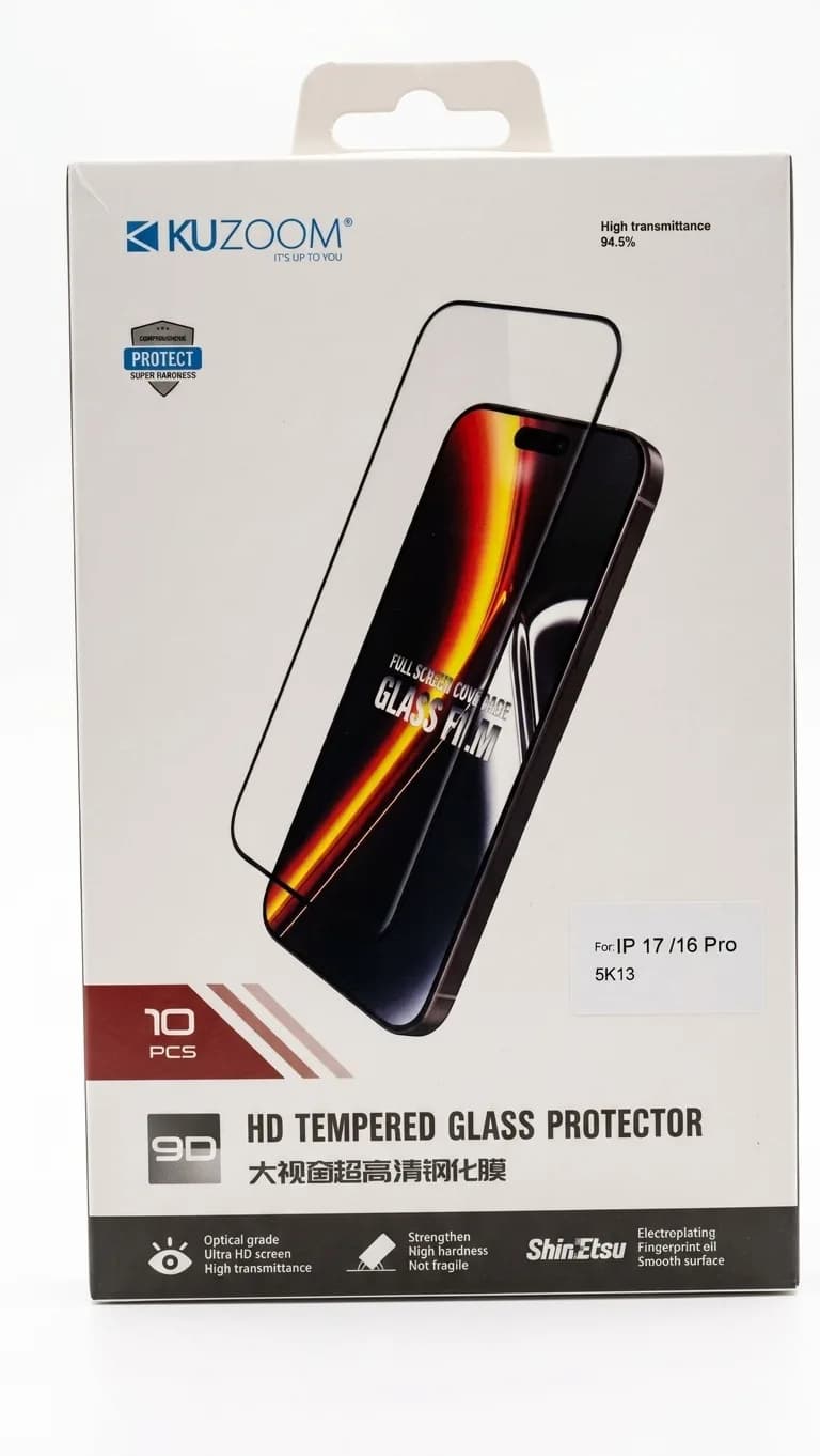 جعبه گلس KUZOOM با برچسب For: IP 17 /16 Pro و کد 5K13؛ روی جعبه ساختار ۹D، عنوان HD Tempered Glass Protector و عبور نور ۹۴٫۵ درصد چاپ شده است