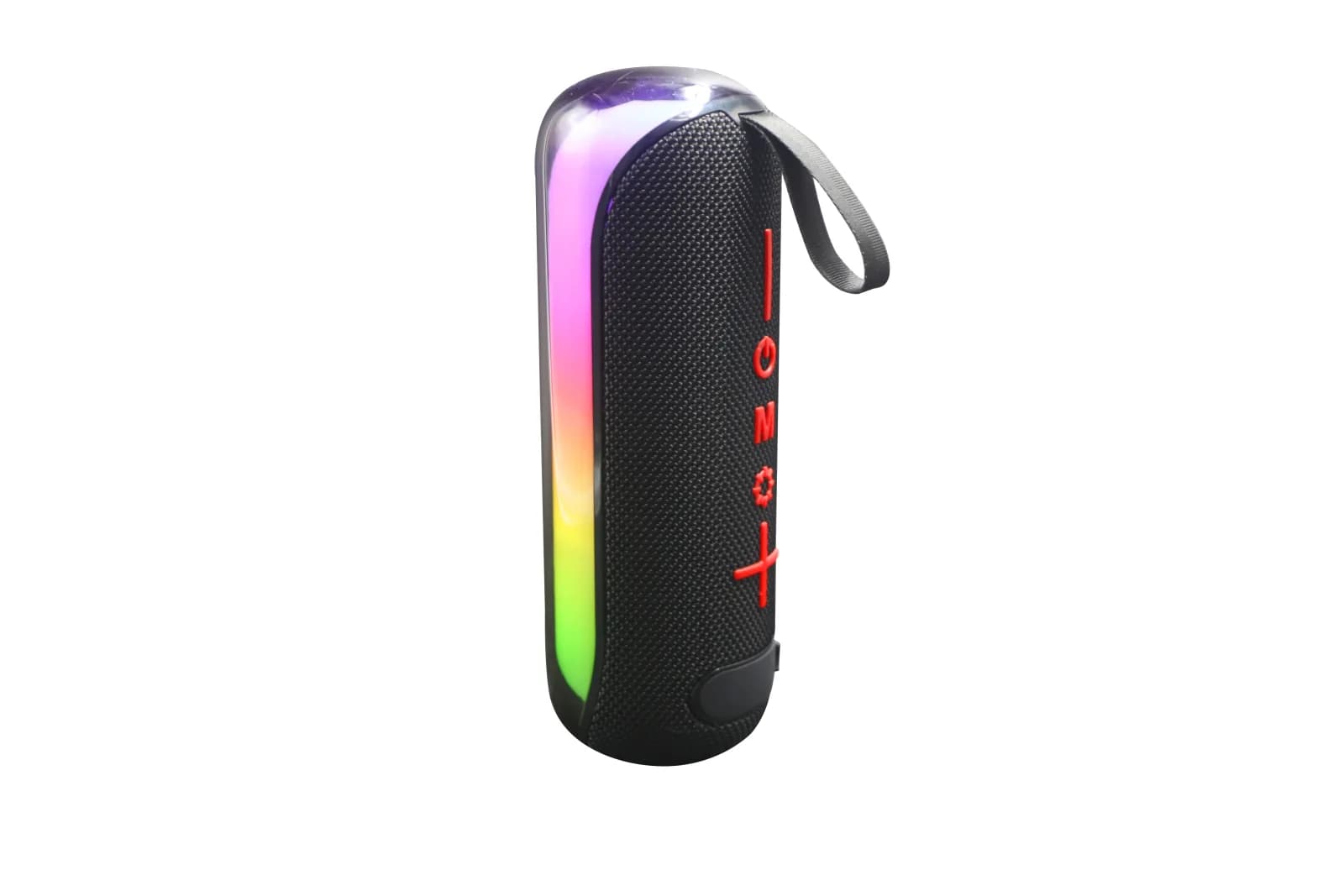 نمای سهرخ اسپیکر مشکی Neon Beats با پنل نور رنگینکمانی روشن روی پسزمینه سفید