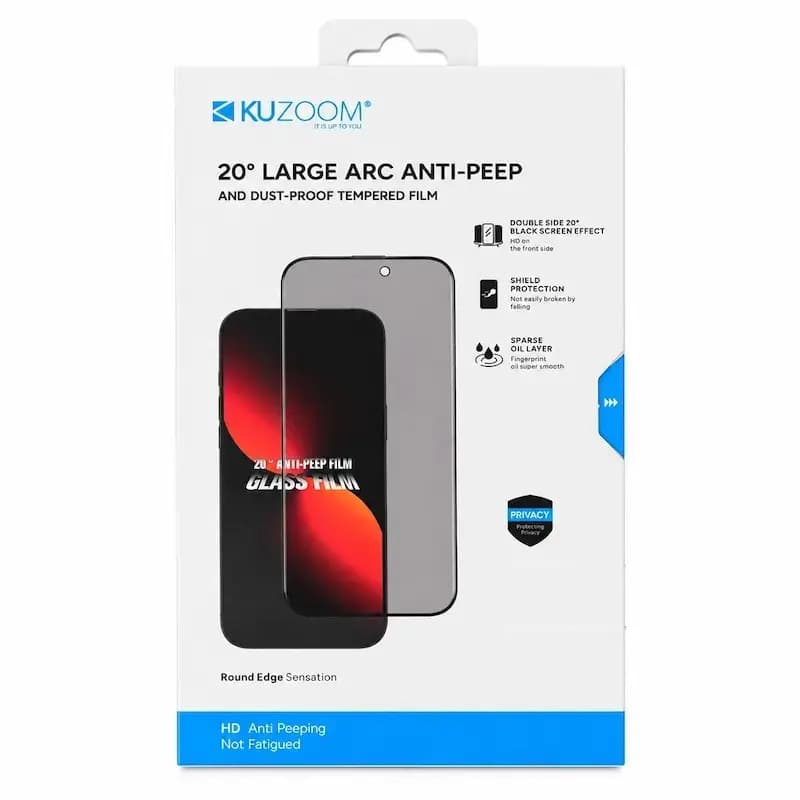 جعبه KUZOOM با عنوان چاپشده ۲۰ درجه LARGE ARC ANTI-PEEP و نشان PRIVACY؛ افکت صفحه سیاه دوطرفه، لایه روغنگریز و لبه گرد هم روی بسته درج شده است