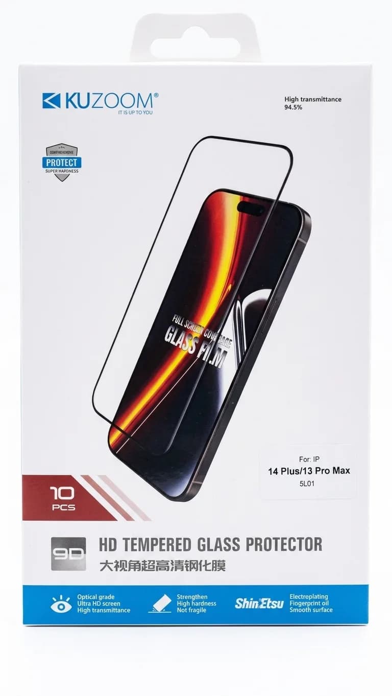 جعبه محافظ صفحه KUZOOM با درج مدل 5L01، سازگاری iPhone 14 Plus و 13 Pro Max و عبور نور ۹۴.۵ درصد روی بستهبندی