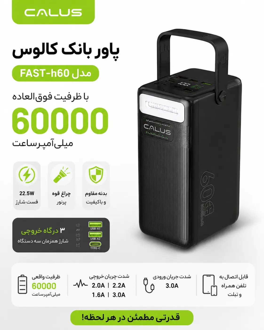 پاوربانک CALUS ظرفیت 60 هزارmAh | پاوربانک فست شارژ 22.5 وات کالوس — نمای ۳