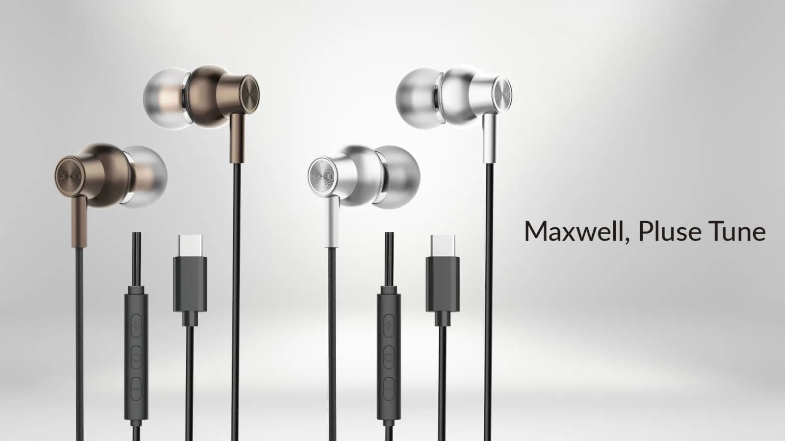 نمای استودیویی دو جفت هندزفری Pluse Tune با بدنه براق برنزی و نقرهای، ریموت سهدکمهای روی کابل و کانکتور تایپسی