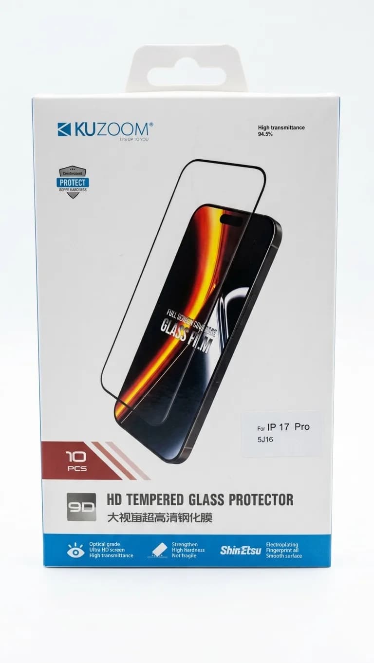 جعبه KUZOOM با برچسب For: IP 17 Pro و کد مدل 5J16؛ روی جعبه ساختار ۹D، عنوان HD Tempered Glass Protector و عبور نور ۹۴٫۵ درصد چاپ شده است