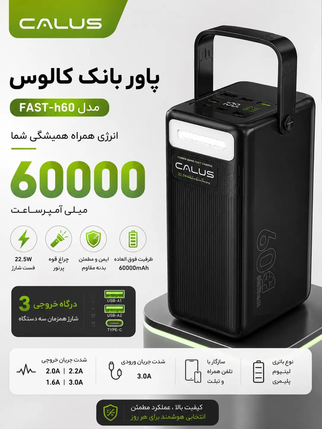 پاوربانک CALUS ظرفیت 60 هزارmAh | پاوربانک فست شارژ 22.5 وات کالوس — نمای ۴