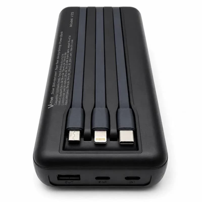 نمای بالای پاوربانک سولار VLOVE V25 مشکی با سه کابل داخلی Micro USB، Lightning و USB-C جاگرفته در بدنه، نوشته Model: V25 و درگاههای OUT، IN2 و IN1 در لبه پایین