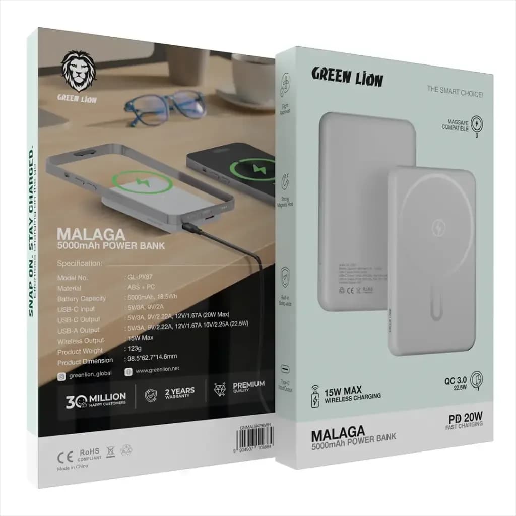 پاوربانک مگسیف Green Lion Malaga ظرفیت ۱۰۰۰۰ میلیآمپرساعت رنگ سفید