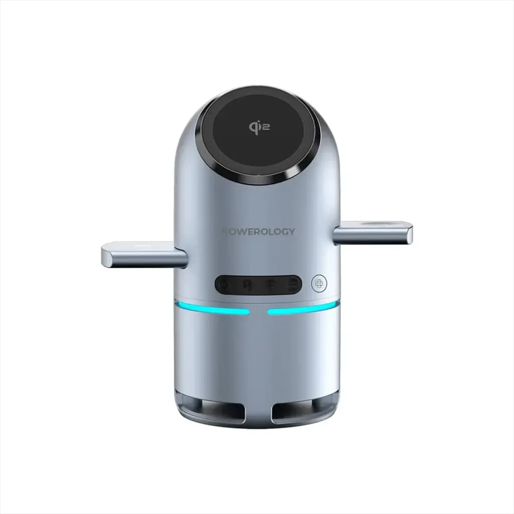 استند شارژ بیسیم Powerology Qi2 Speaker Charge Station | شارژر وایرلس ۳ در ۱ با اسپیکر بلوتوث مدل PWCUQC039