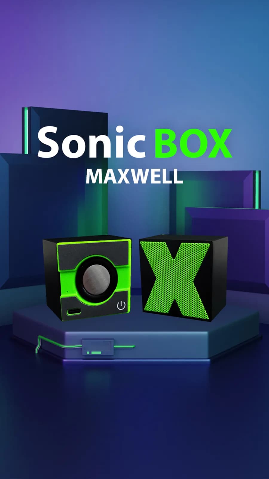 اسپیکر SonicBox مشکی با جزئیات سبز؛ نمای گریل ضربدری در کنار نمای پنل پشتی با درایور و درگاه شارژ