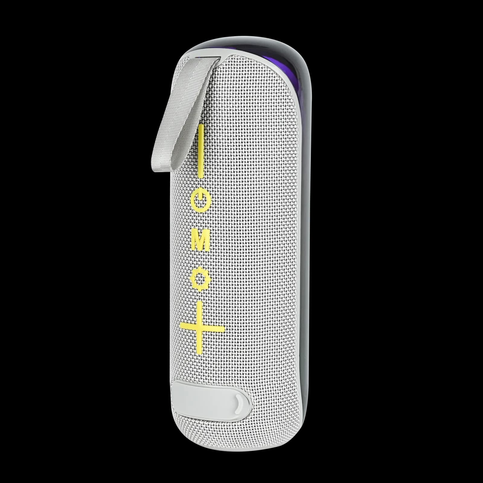 نسخه نقرهای اسپیکر مکسول Neon Beats با پارچه خاکستری روشن و کلیدهای زرد روی پسزمینه سفید